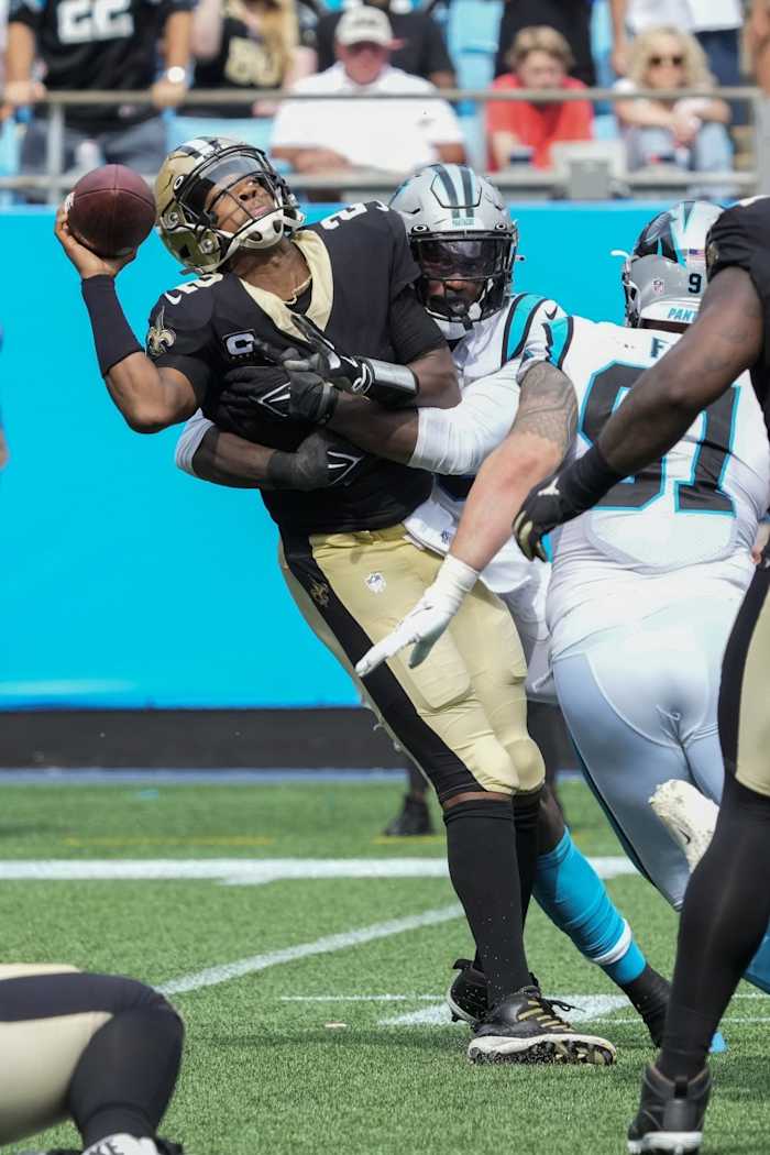 Sep 19, 2021; New Orleans Saints quarterback Jameis Winston (2) is sacked by Carolina Panthers defensive end Brian Burns (53). Mandatory Credit: Jim Dedmon-USA TODAY Sports